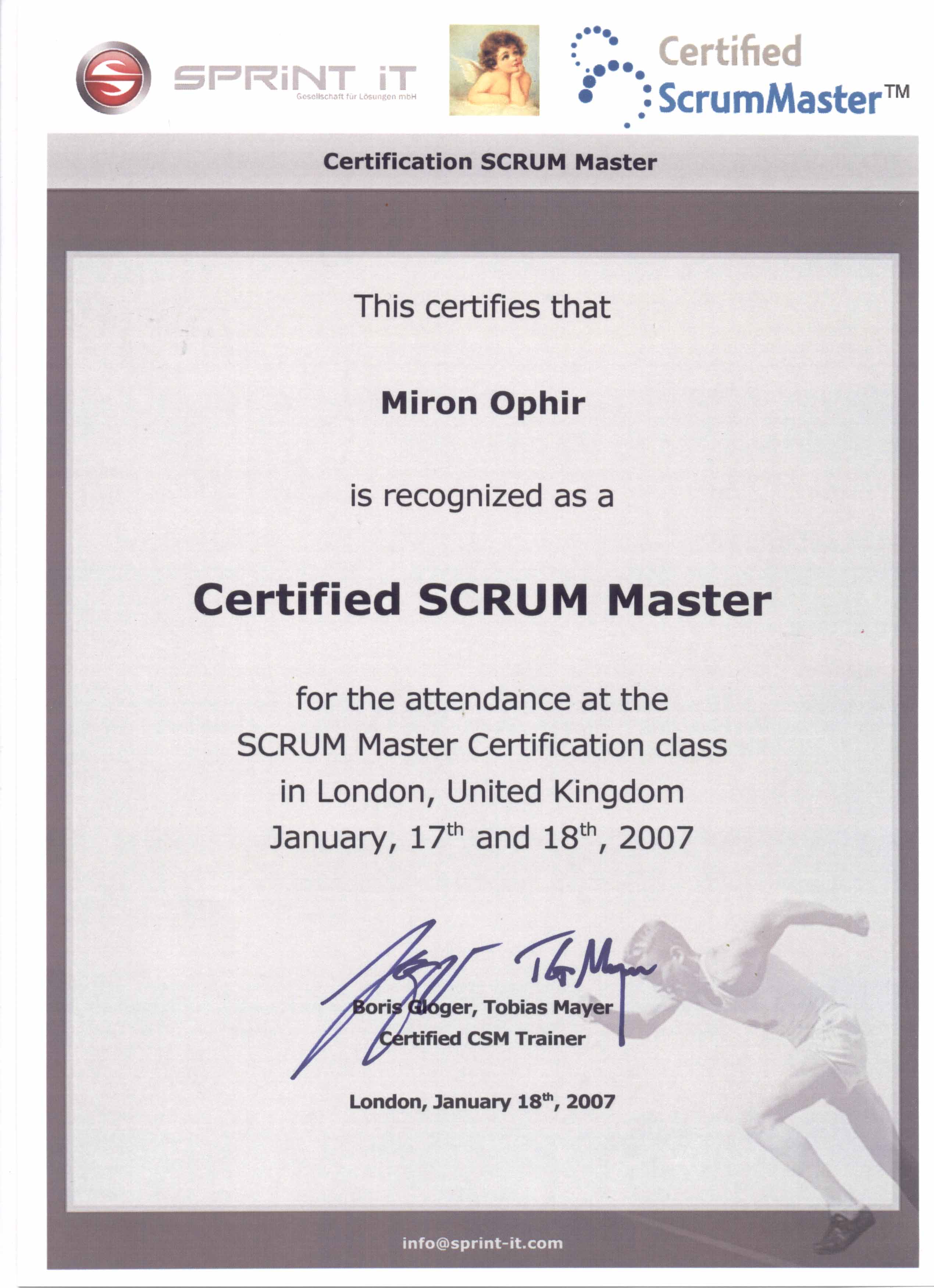 Certified SCRUM Master certificate